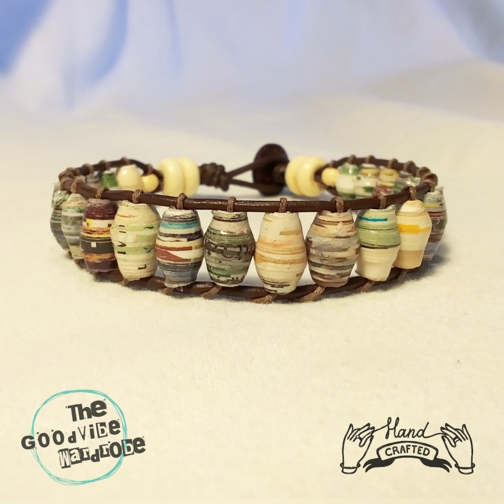 Recycled Paper Beads/Hemp/Leather Bracelet